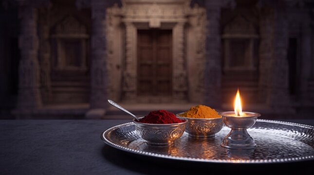 Silver tray with glowing oil lamp and colorful ritual powders placed inside a traditional stone temple