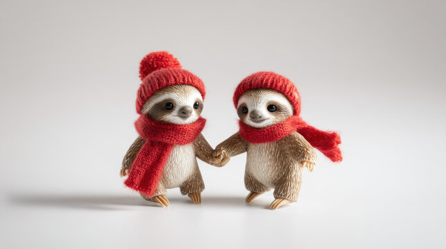 Two adorable sloths in red hats scarves holding hands on white background. Cute sloth characters dressed in winter attire, red knitted hat scarf, are holding hands walking together in studio setting