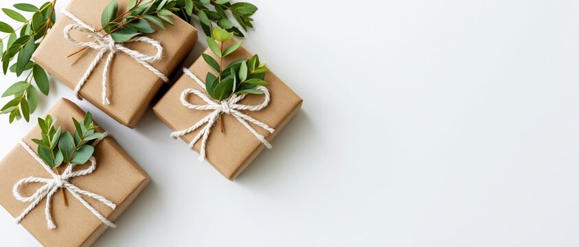Three kraft paper gift boxes tied with white twine bows and green eucalyptus leaves on white background