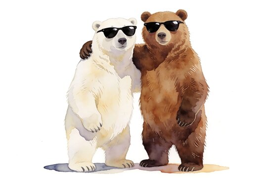 A watercolor polar bear and brown bear stand together with an arm around each other wearing sunglasses on a pure white background