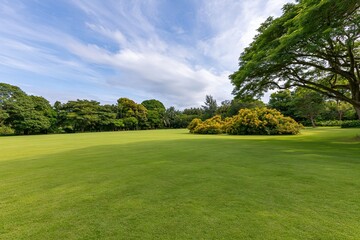Naklejka premium The Expansive Green Park Lawn Under a Bright Blue Sky