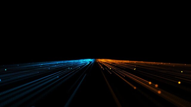 Parallel blue and orange particle lines glowing network landscape deep black. Open space accommodates titles logos, making this background useful for connectivity explainers, telecom business videos.