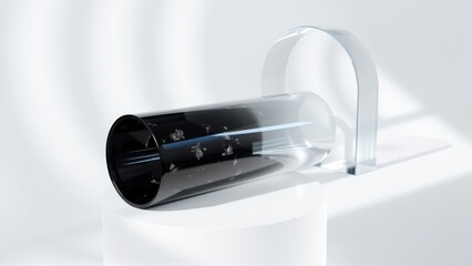 Fototapeta premium Transparent cylinder contains starry night sky. Minimalist design, sleek presentation, modern aesthetic. Light plays across surfaces.