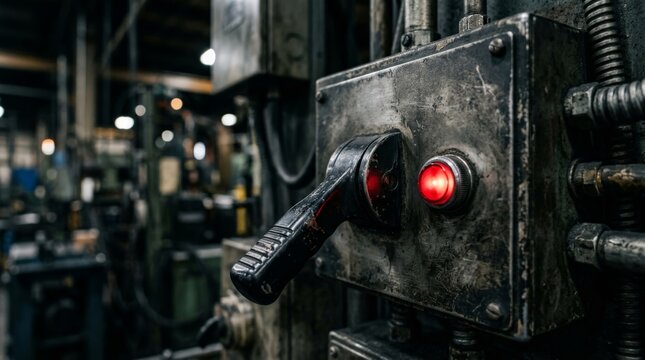 Industrial manufacturing equipment featuring a weathered metal fuse box with a glowing red indicator light and heavy duty lever switch inside a dimly lit factory setting