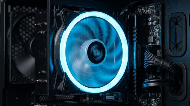 An illuminated computer component featuring an active server cooling fan with glowing blue led lights mounted on a heatsink inside a pc case, underscoring the computer cooling fan