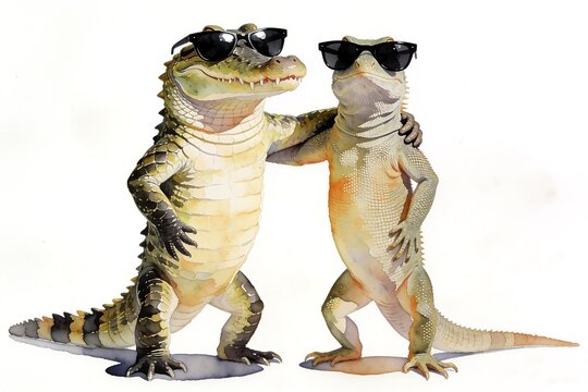 A watercolor crocodile and monitor lizard stand upright with an arm around each other wearing sunglasses on a pure white background