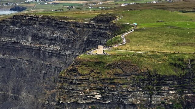 O Brien Tower Cliffs Moher aerial view Ireland shows spectacular Atlantic coastline with rugged cliffs and beautiful natural scenery for European travel tourism