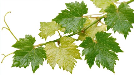 Fototapeta premium Grapevine cutting with lobed green leaves and tendrils isolated on white background