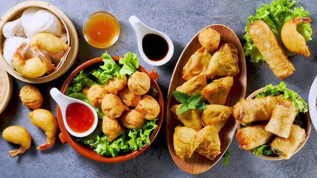 asian food mix with spring rolls samosas tempura dim sum and dipping sauces