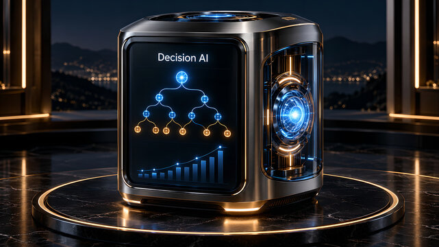 Futuristic ai decisionmaking device with holographic tree diagram and growth chart on a sleek metallic pedestal