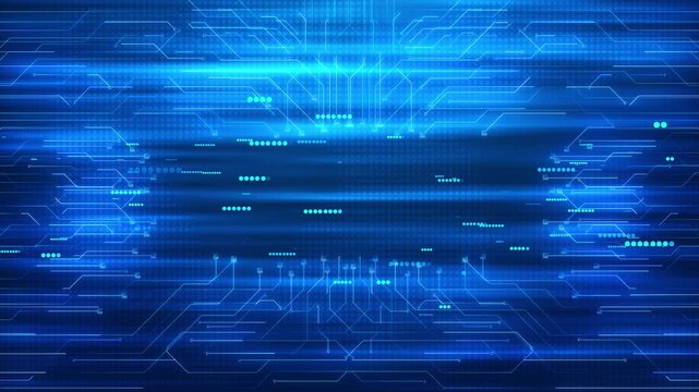 Electronic traces extend inward from edges glowing blue composition, room for headline or logo. dot bright accents software presentations, network videos, hardware launches, technology branding.