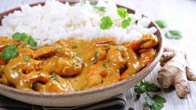 curry shrimp with white rice coriander and ginger root in ceramic bowl