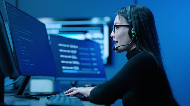 Dedicated Asian female software engineer wearing a headset and glasses, writing programming code on dual computer monitors inside a modern high-tech office with glowing blue ambient lighting.