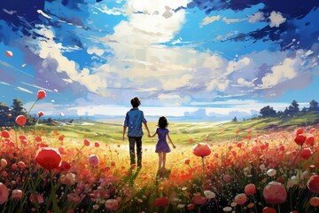 Naklejka premium Two children holding hands, walking through a vibrant red poppy field under a bright blue sky, sunlight streaming through clouds, symbolizing childhood dreams, innocence, hope, and new beginnings