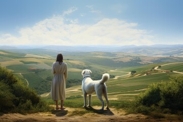 Fototapeta premium Woman and her white dog stand on a tuscan hilltop, looking over sunlit vineyards, fields and distant mountains a quiet moment of freedom, travel and companionship
