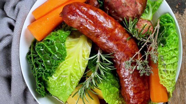 smoked sausage with cabbage carrots and potatoes in bowl