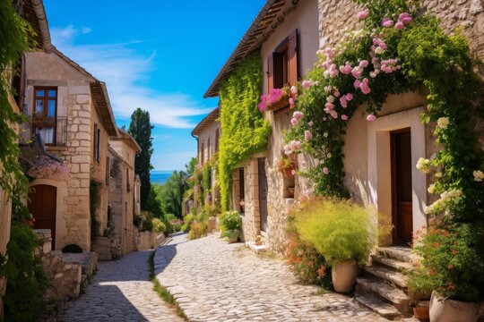 Picturesque provencal village street with stone houses draped in ivy and pink climbing roses, sunlit cobblestone path winding through charming historic architecture