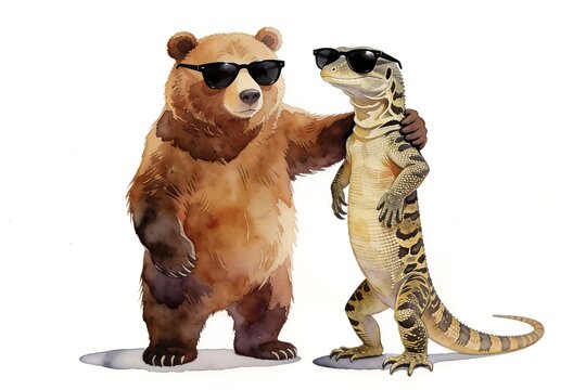 A watercolor brown bear and Bengal monitor lizard stand upright with an arm around each other wearing sunglasses on a pure white background