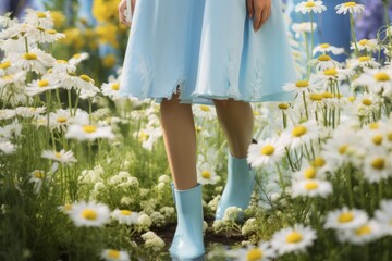 Naklejka premium Woman's legs in a flowing light blue dress and matching rain boots stepping through a lush meadow of white daisies, evoking spring renewal, carefree joy, and gentle outdoor serenity