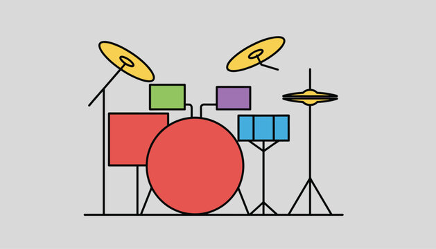Colorful drum kit illustration with red bass drum and green, purple, blue components on grey background.