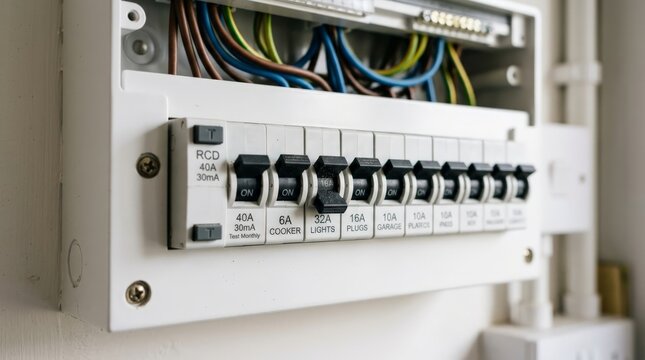 A close up view of an open white electrical fuse box showing wires and switches labeled for cooker lights plugs and garage in a residential home setting, underscoring the circuit breaker