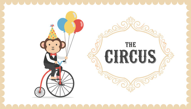 Vintage style circus advertisement featuring a cute monkey riding a penny farthing bicycle with colorful balloons.