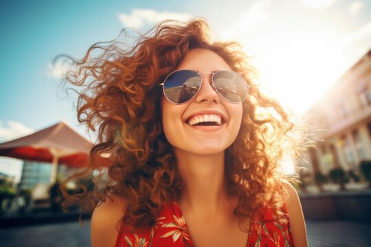 Young woman enjoying a sunny day outdoors, wearing aviator sunglasses and a red floral dress, smiling broadly with her curly red hair blowing in the wind, feeling joy and freedom during summer