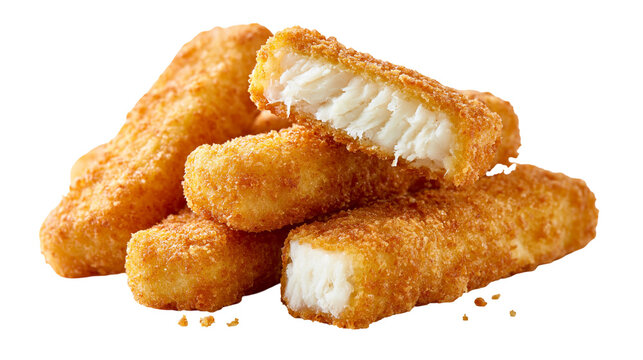 Golden crispy breaded fish sticks with flaky white meat texture
