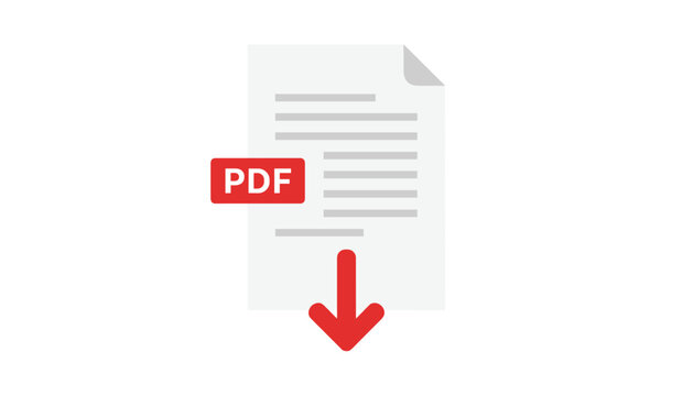 Grey paper document icon with red pdf label and downward pointing arrow symbolizes digital file download process.