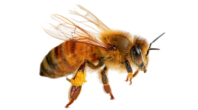 Honey bee with yellow pollen on legs and fuzzy brown striped body