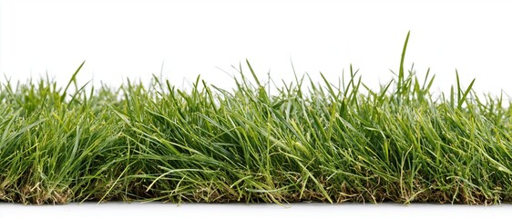 Naklejka premium Strip of fresh green grass blades at ground level on white background