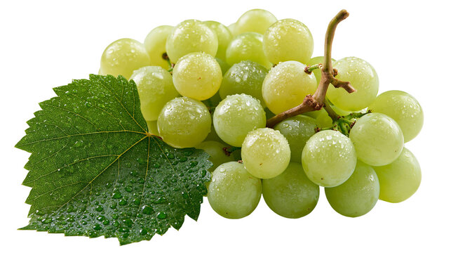 Fresh green grapes cluster with water droplets and a large serrated vine leaf
