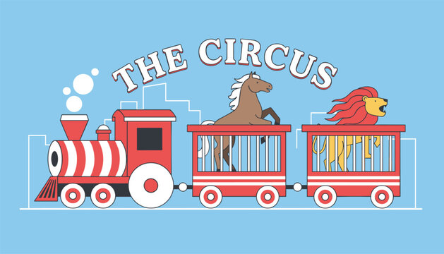 Red and white circus toy train carrying wild horse and lion characters under the circus text on blue background.