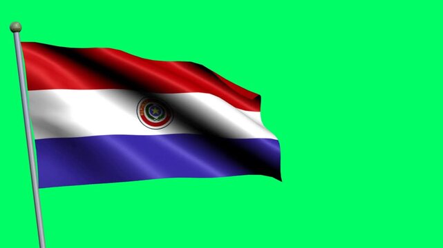 Paraguay flag shifts in the breeze on a pole before green chroma, showing decorative mark and cloth folds with a clear fabric surface; useful for archive footage, stock footage, and map graphics.