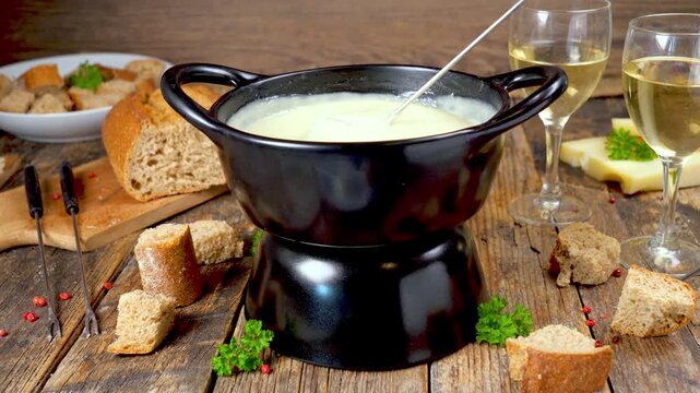 traditional cheese fondue pot with bread cubes and white wine on wooden table