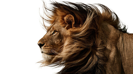 Majestic male lion profile with flowing mane in the wind © Motruc