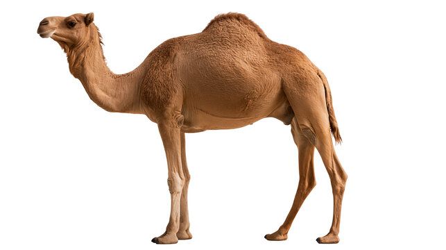 Full body side view of a brown dromedary camel standing