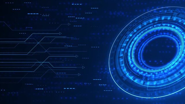 Rings form a slanted digital dial angular arrow pathways dark blue. composition leaves space toward titles, software demonstrations, technical presentations, navigation concepts, interface explainers.