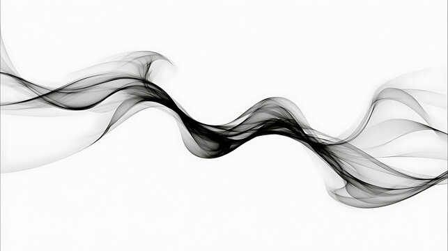 Flowing black smoke curves against a stark white background creating an abstract form