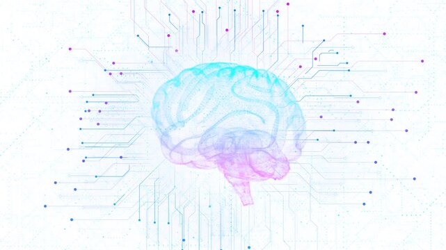 Luminous brain visualization blends pastel tones electronic pathways particles. A bright conceptual neuroscience explainers, cognitive computing presentations, research films, education videos