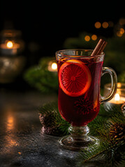 Fototapeta premium Glass of hot mulled wine with orange slice and cinnamon stick for Christmas holidays