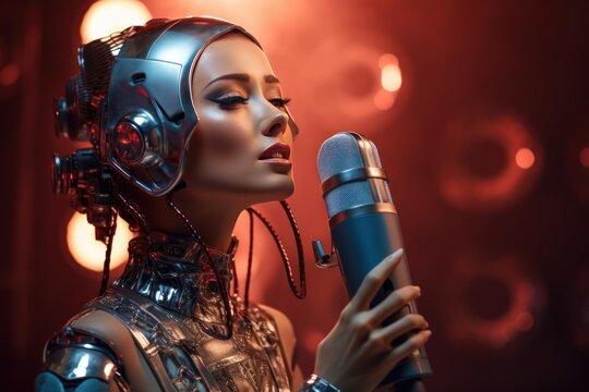 Futuristic female cyborg singer performing with a classic microphone. Embodying the intersection of technology and art. Artificial intelligence with human emotion. Set against a vibrant stage backdrop