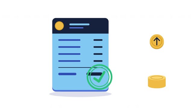 Animated financial document with checkmark and rising coins. Digital invoice payment or successful financial transaction concept. Modern flat illustration of accounting and money transfer.