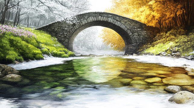 Digital illustration of a stone bridge over a clear river with changing seasons of spring and autumn foliage