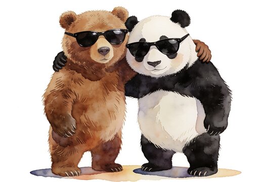 A watercolor brown bear and giant panda stand upright with an arm around each other wearing sunglasses on a pure white background