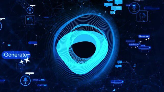 Interlaced rings share blue scene speech symbols, text prompts, linked nodes. futuristic interface graphic conversational AI, voice assistants, automated responses, creative software, multimodal tools