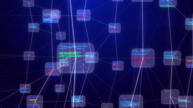 Rounded code windows web of glowing links on blue violet. abstract software network supports developer presentations, coding explainers, application architecture videos, and connected system concepts.
