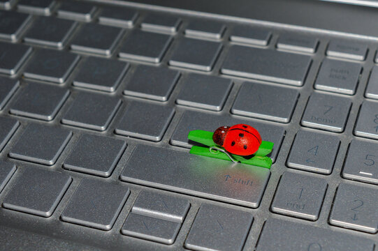 Close-up shot of a small decorative red ladybug sitting on a silver laptop keyboard near the Shift key. Creative metaphor for software bug, code testing, debugging, programming error, or IT system