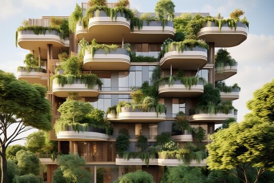 Modern residential tower with plant filled balconies, terraces and living walls creating a vertical forest effect, showcasing sustainable urban living and green architecture