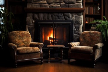 Fototapeta premium Cozy and warm home interior featuring two inviting floral pattern armchairs facing a glowing fireplace, creating a relaxing and comfortable atmosphere in a classic library setting
